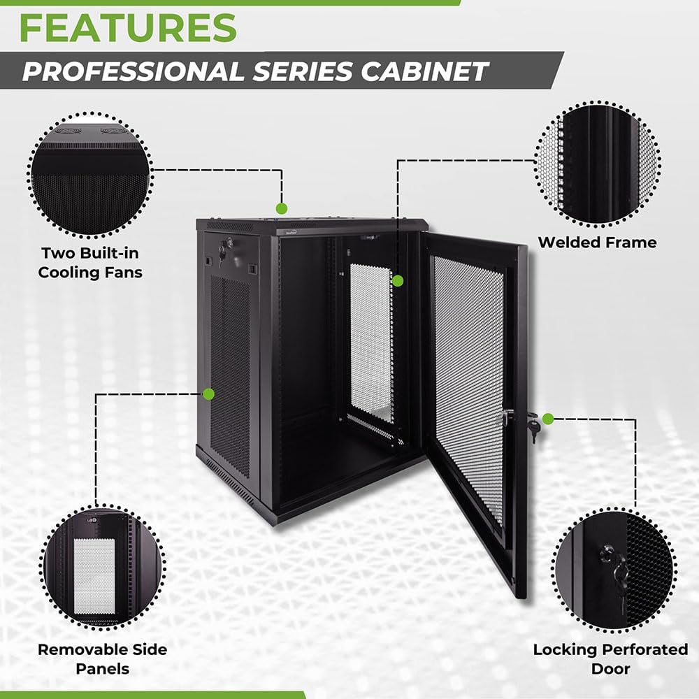 Navepoint 15U Deluxe IT Wallmount Cabinet Enclosure 19-Inch Server Network Rack with Locking Perforated Door 16-Inches Deep Black