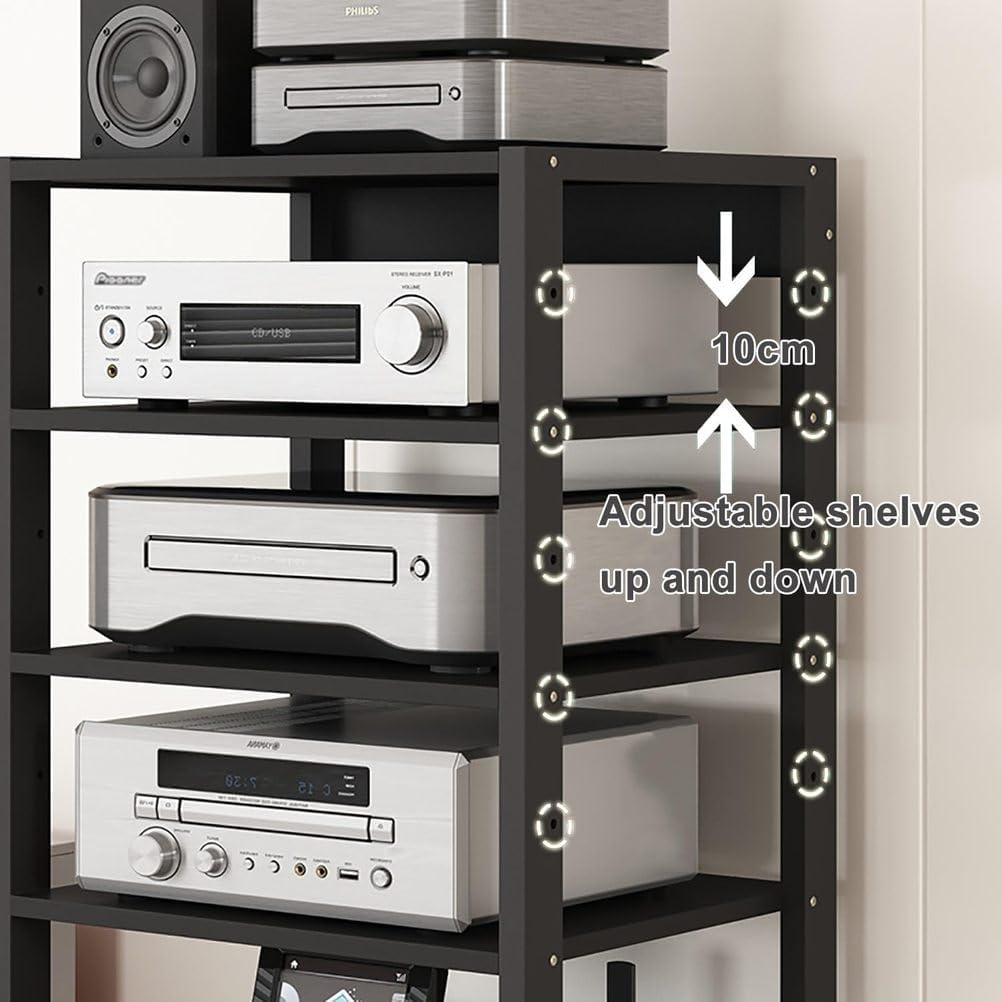 AV Media Tower Stereo Cabinet 3/4/5 Tier Floor-Standing Audio Rack CD DVD Record Player Stand Movable Corner Storage Shelf with Wheels for Home Theater,4 Tier