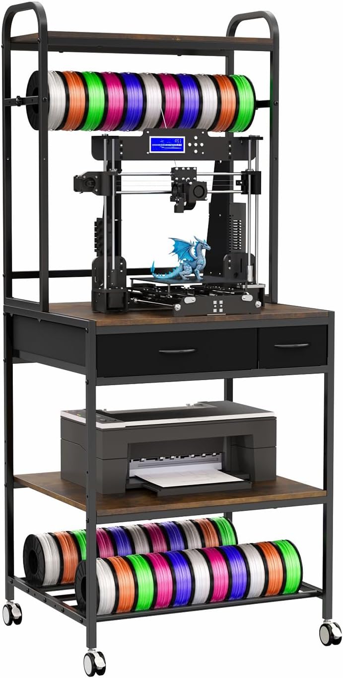 RoleDes Heavy Duty 3D Printer Stand with Filament Rack & Spool Holder System,Drawer Tool Storage with Adjustable Shelves, Large Printing Table & Workstation with Wheels
