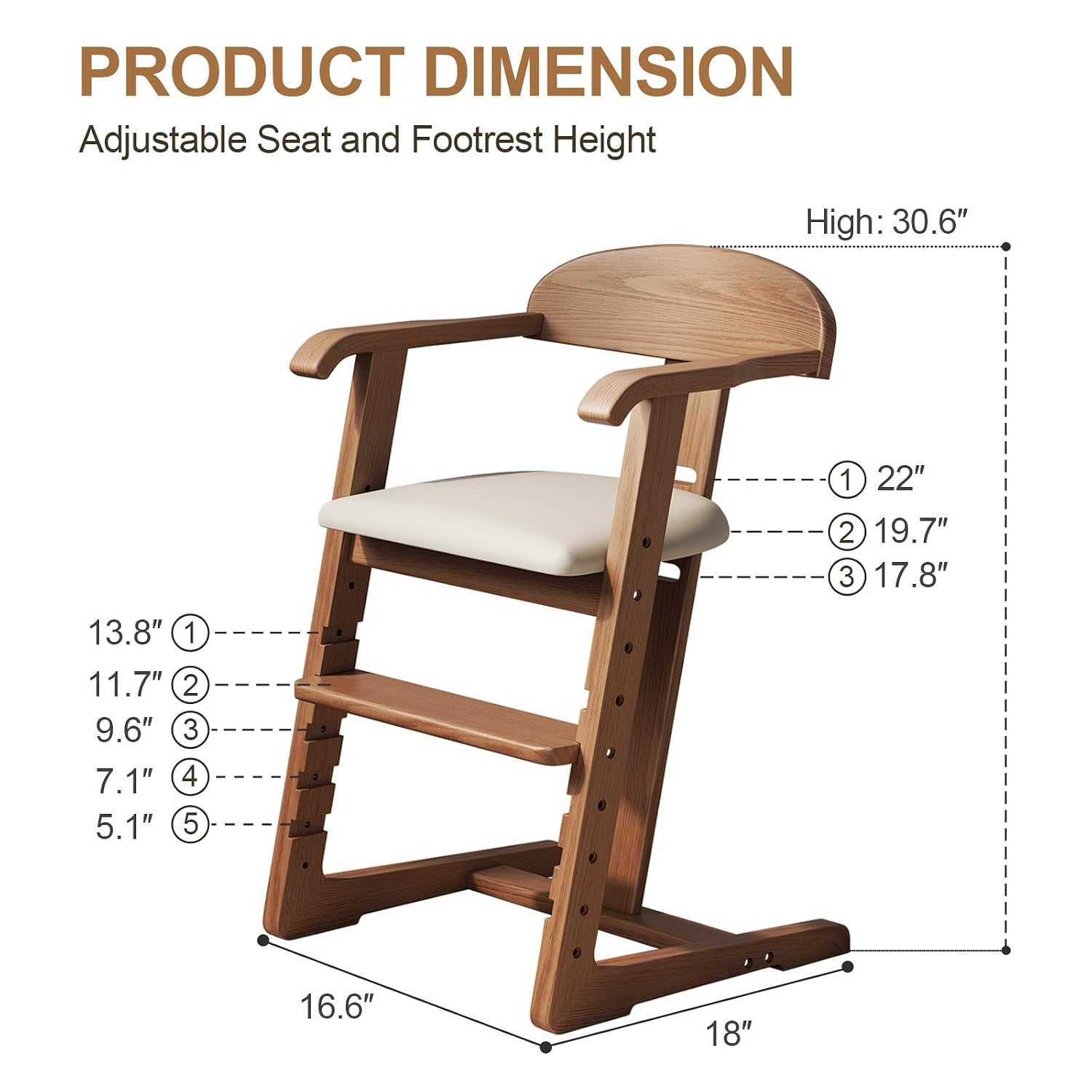 DOMGMUWUJEE Solid Wood Toddler Dining Chair - Adjustable Height Easy to Clean Toddler high Chair - Kids high Chair from 3 Years to 200 Lb, Grow with Child(Walnut)