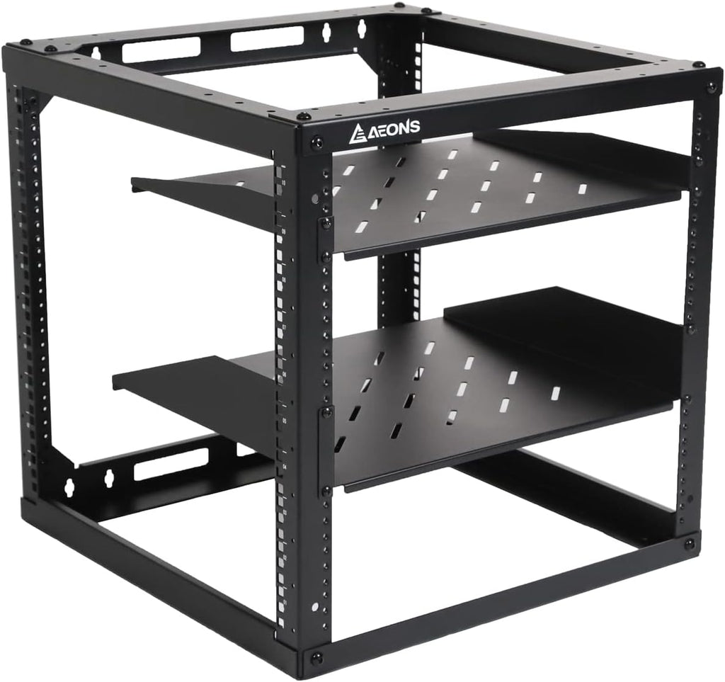 AEONS 10U Open Frame Network Server Rack 19-inch 4 Post AV Rack with Casters for Floor Standing and Wall Mount, Side Load for Extra Depth– Complete Kit with 1U and 2U Vented Shelves, Black