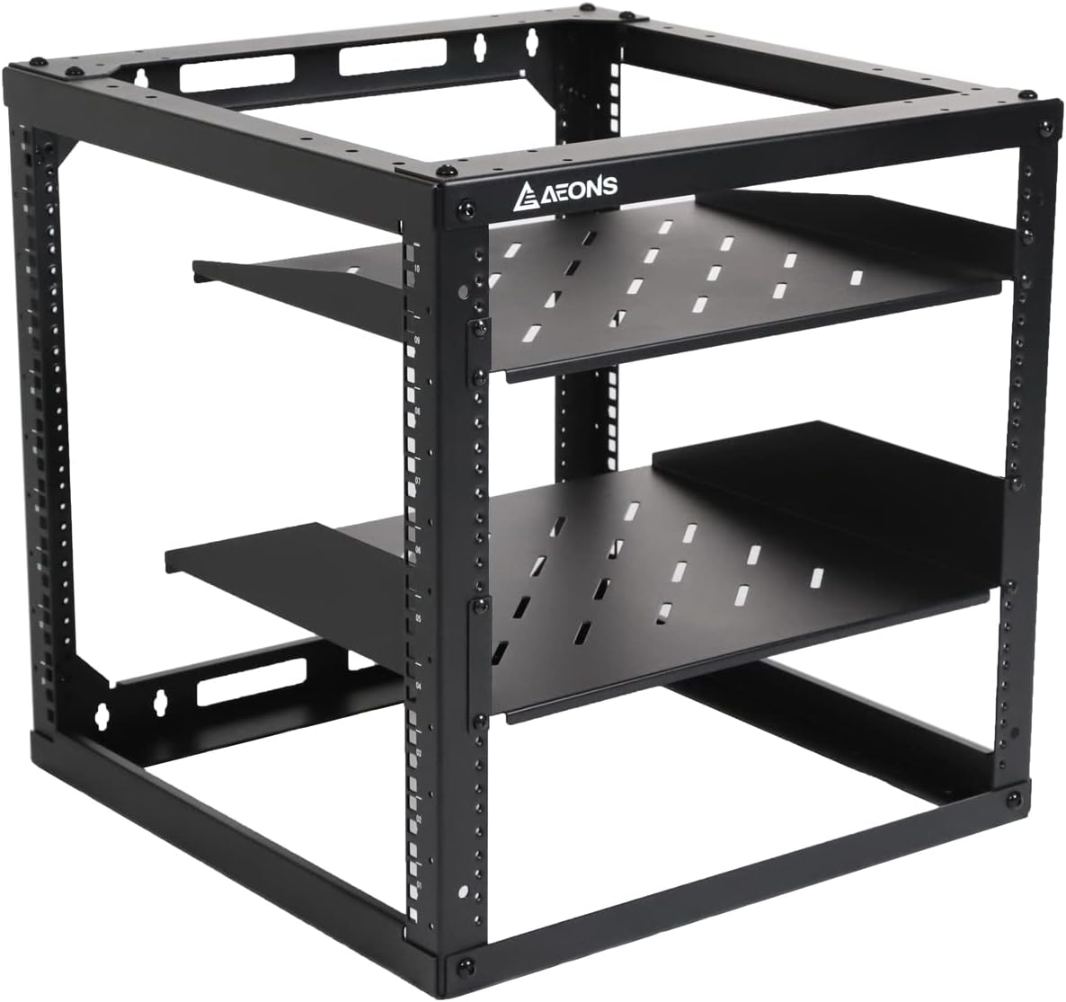 AEONS 10U Open Frame Network Server Rack 19-inch 4 Post AV Rack with Casters for Floor Standing and Wall Mount, Side Load for Extra Depth– Complete Kit with 1U and 2U Vented Shelves, Black