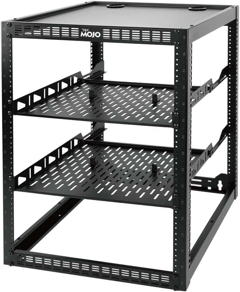 Tecmojo 16U Open Frame Network Rack for IT & AV Gear, AV Rack Floor Standing or Wall Mounted,with 2 PCS 1U Rack Shelves & Mounting Hardware,Network Rack for 19' Networking,Audio and Video Device