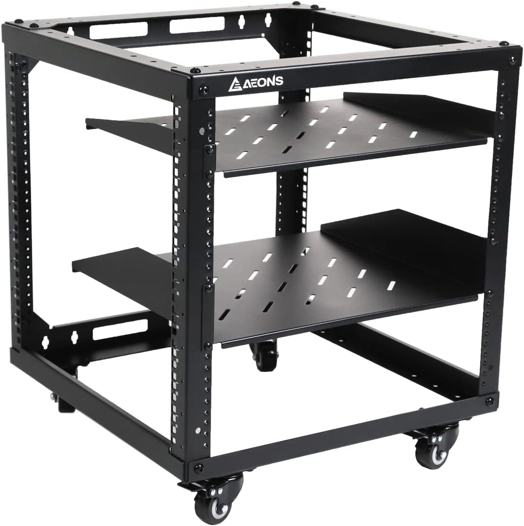AEONS 10U Open Frame Network Server Rack 19-inch 4 Post AV Rack with Casters for Floor Standing and Wall Mount, Side Load for Extra Depth– Complete Kit with 1U and 2U Vented Shelves, Black
