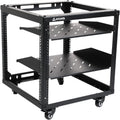 AEONS 10U Open Frame Network Server Rack 19-inch 4 Post AV Rack with Casters for Floor Standing and Wall Mount, Side Load for Extra Depth– Complete Kit with 1U and 2U Vented Shelves, Black