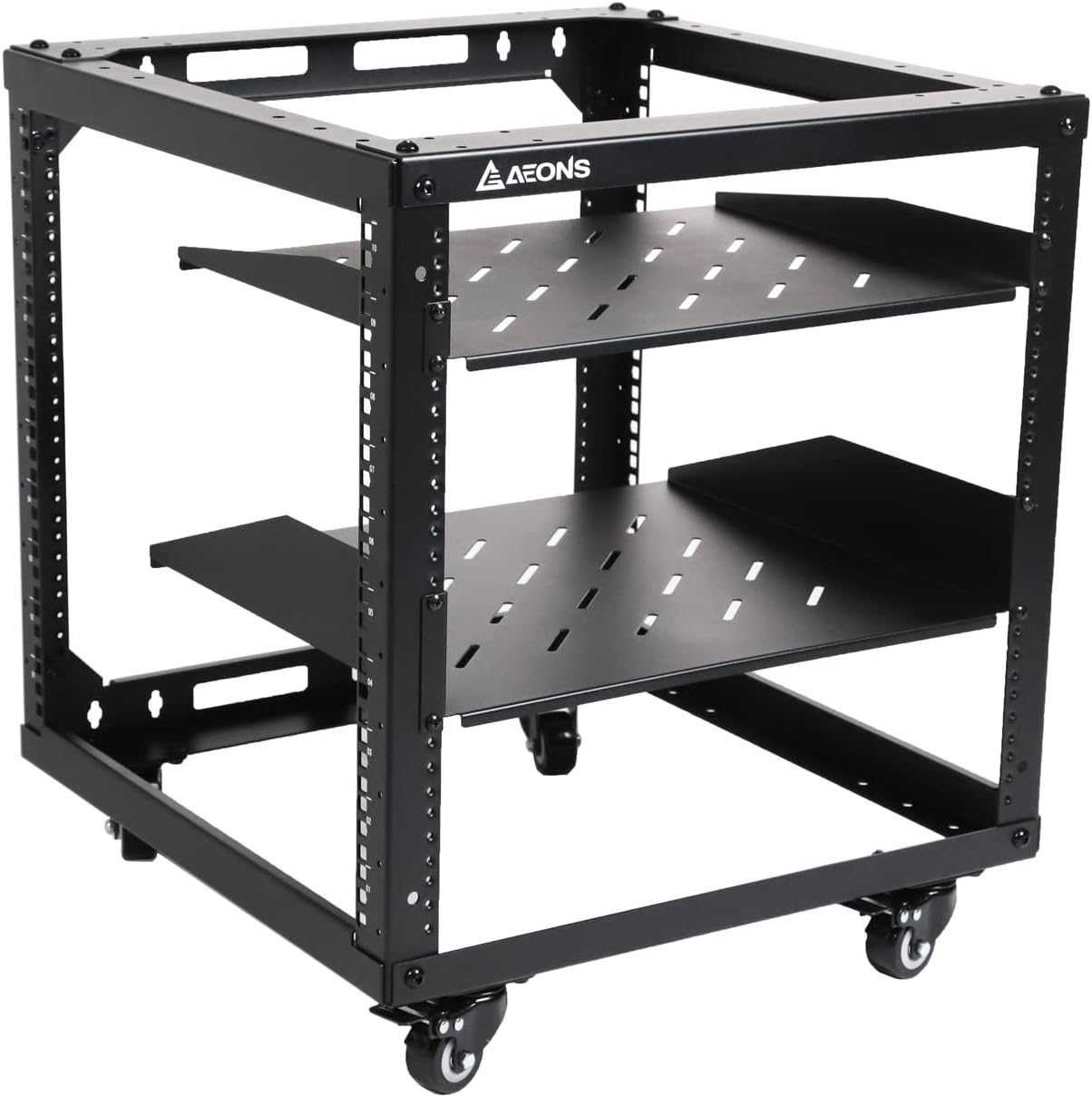 AEONS 10U Open Frame Network Server Rack 19-inch 4 Post AV Rack with Casters for Floor Standing and Wall Mount, Side Load for Extra Depth– Complete Kit with 1U and 2U Vented Shelves, Black