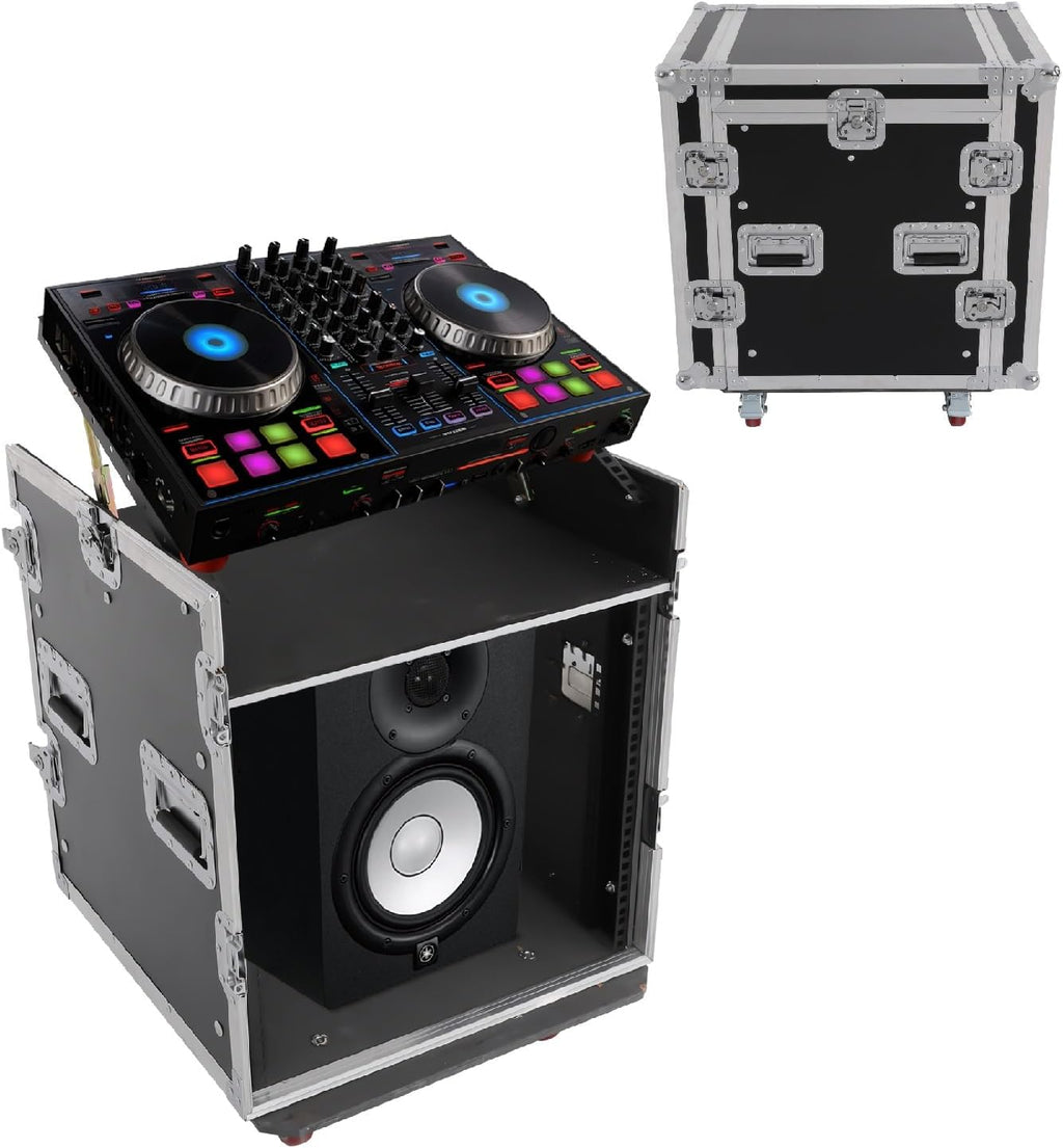 14U PA DJ Rack Case with Wheels, Heavy-Duty Slant Top DJ Mixer Rack, Professional Audio Equipment Rack for Studio, Live Sound (14U)