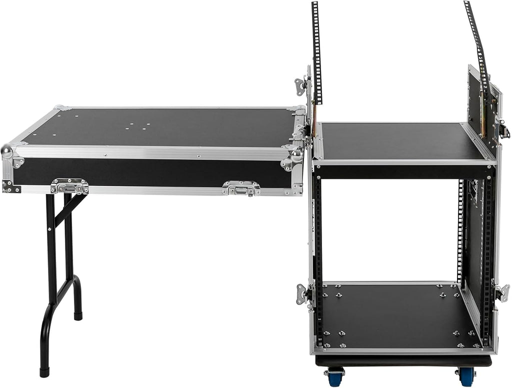 12U PA DJ Pro Audio Rack Road Case with Slant Mixer Top, Locking Wheels, Removable Doors – DJ Mixer Rack for Mixers, Amps, and Speakers