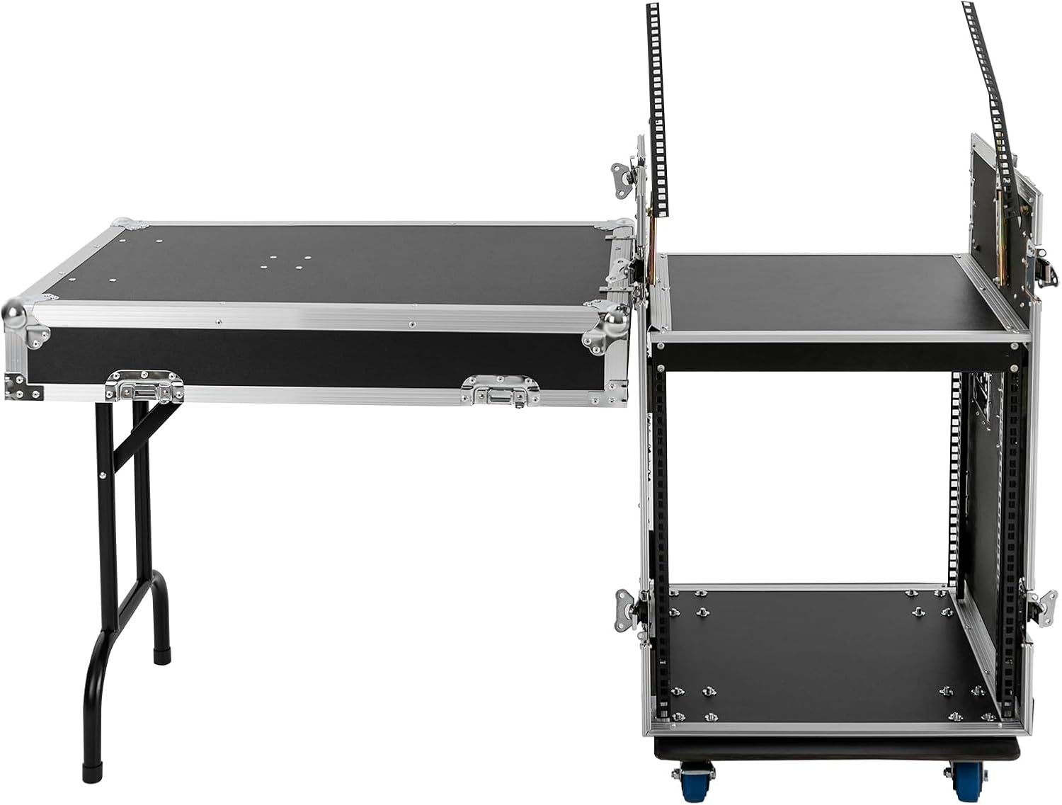 12U PA DJ Pro Audio Rack Road Case with Slant Mixer Top, Locking Wheels, Removable Doors – DJ Mixer Rack for Mixers, Amps, and Speakers