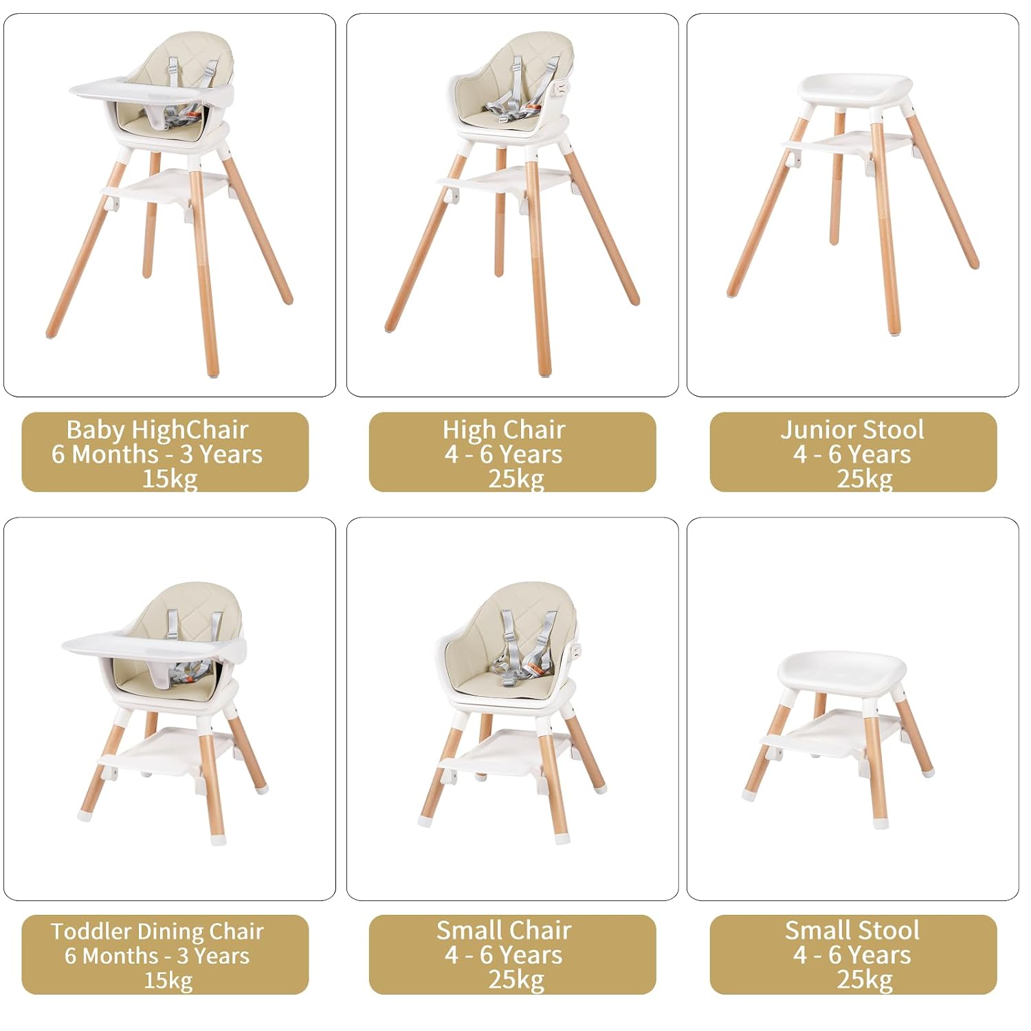 6 in 1 Baby High Chair, Convertible Wooden High Chairs/Booster Seat for Babies and Toddlers, Baby Feeding Chair with 5-Point Harness/Double Removable Tray & Adjustable Footrest (Beige)
