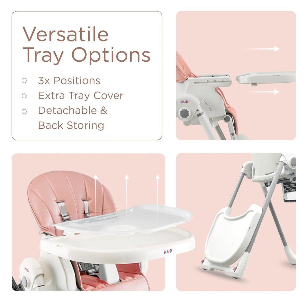KÜB 3-in-1 Foldable Baby High Chair | 7 Height & 4 Recline Adjustable | Removable Seat & Tray for Easy Clean | 2 Locking Wheels | Multifunctional Infant High chairs for Babies and Toddlers Girl (Pink)