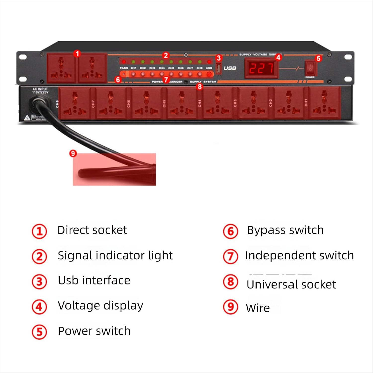 10 Outlet Power Sequencer Conditioner with Digital Screen Safety Features Independent Power Switch USB Port for Audio Equipment