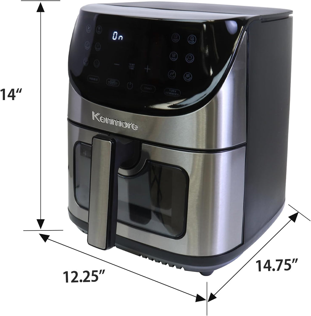 Kenmore Air Fryer - 8 quart aerogrill, non-stick frying basket, french fry, digital touch screen, 12 presets, freidora eléctrica, countertop cooking kitchen appliance, stainless steel, black