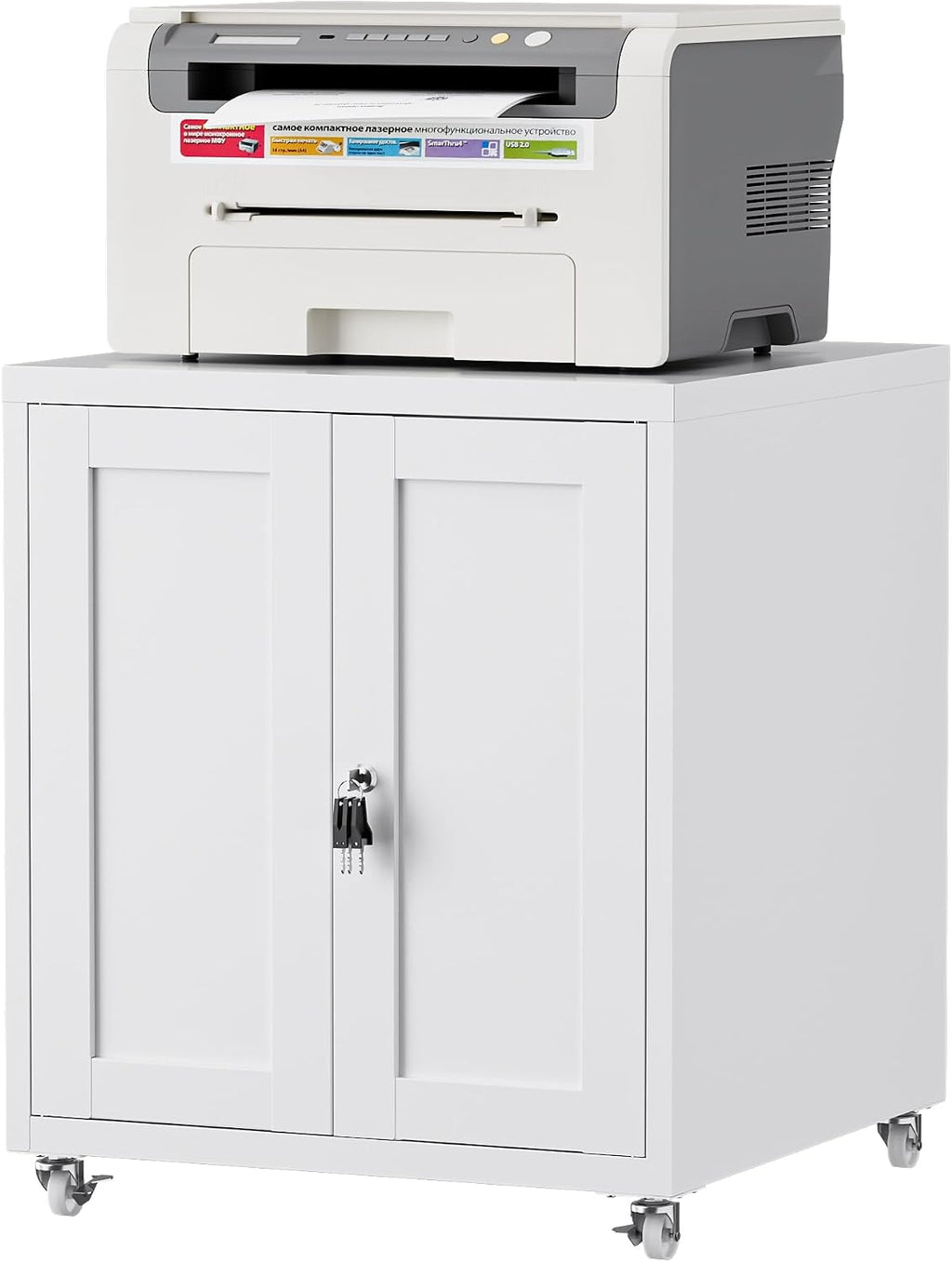 Large Printer Stand with Storage and Lock, 3D Heavy-Duty Printer Cabinet, Printer Table for Home Office with Doors and Adjustable Shelves, for Office Copier and Fax Machine, White