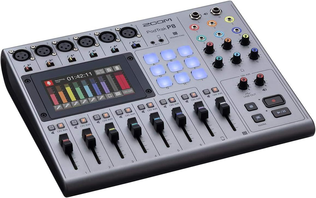 Zoom PodTrak P8 Podcast Recorder with 6 XLR Inputs, 6 Headphone Outputs, Phone Input, Sound Pads, Onboard Editing, USB Audio Interface, Battery Powered