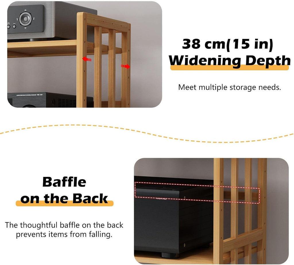 19 Inch Audio Rack Wood, 2 Tier Rolling Stereo Stand Cabinet with Height Adjustable Shelf, Heavy Duty AV Media Holder for Storage DVD Players/Game Console/TV Box(Natural,W 50 cm(19 5/7 in))