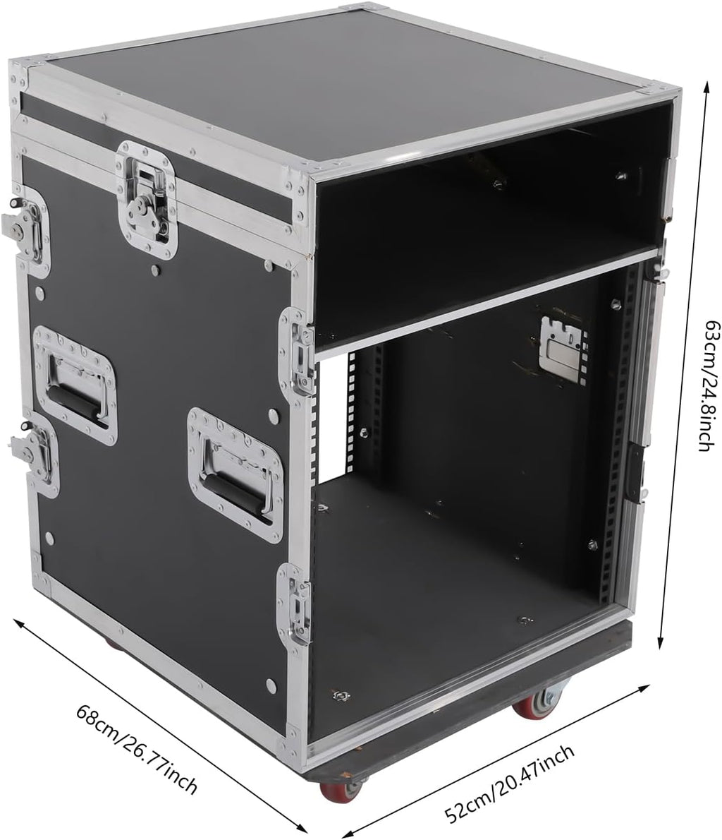 14U PA DJ Pro Audio Rack Road Case with 11U Slant Mixer Top and Casters, DJ Mixer Rack, Pro Tour Grade