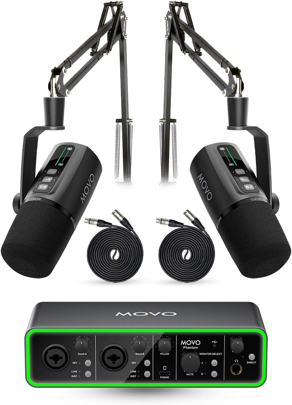 Movo Podcast Equipment Bundle - Phantom USB Audio Interface, 2 UM6 XLR/USB-C Dynamic Microphones, and 2 Boom Arms - Professional Dual Microphone Setup for Podcasting and Streaming
