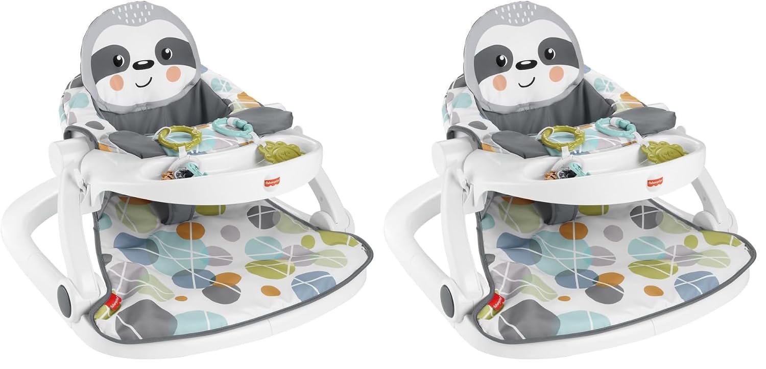 Fisher-Price Portable Baby Chair Sit-Me-Up Floor Seat with Snack Tray, Developmental Toys & Washable Seat Pad, Cute Sloth (Pack of 2)