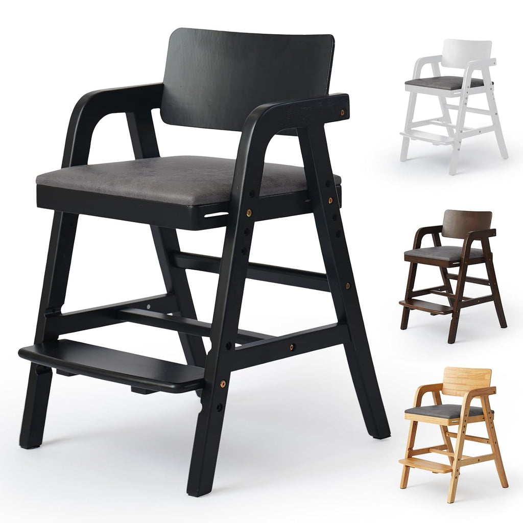 Wooden High Chair for Toddlers and Baby, Adjustable Toddler Dining Chair Grows with Kid, Ergonomic Baby HighChair for Babies, Wipe Clean Skin-Friendly Cushion, for Home & Restaurant - Black