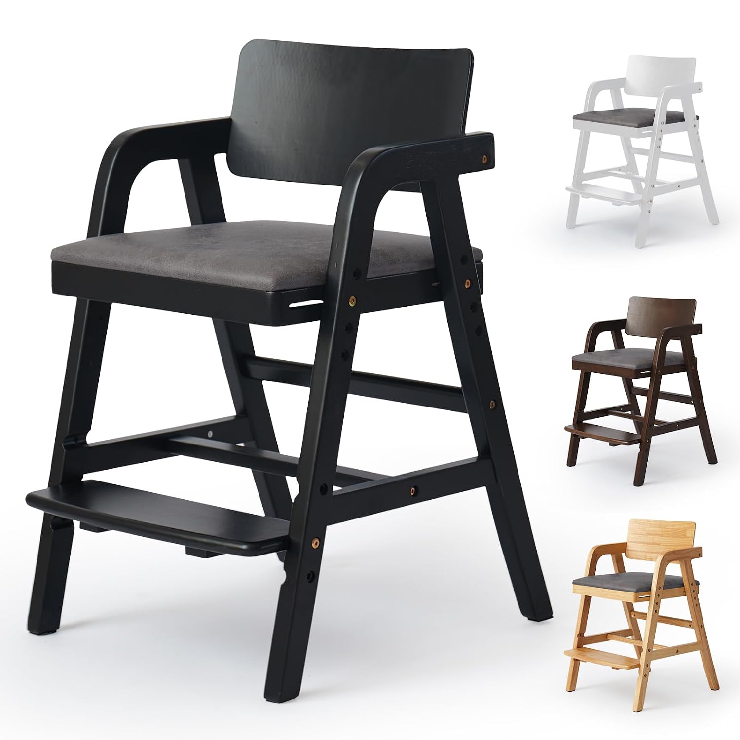 Wooden High Chair for Toddlers and Baby, Adjustable Toddler Dining Chair Grows with Kid, Ergonomic Baby HighChair for Babies, Wipe Clean Skin-Friendly Cushion, for Home & Restaurant - Black