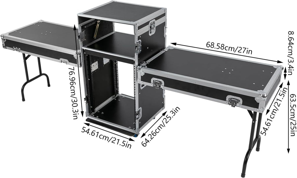 14U Rack Case, PA DJ Audio Rack with 4 Wheels and 2 Large DJ Table Tops with Support Audio Mixer Case for Studio Home Theater KTV and Wedding Parties