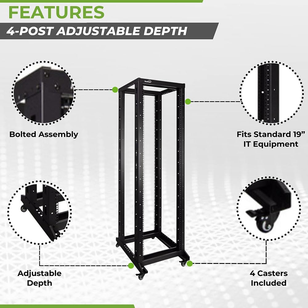 NavePoint 42U 4 Post Server Rack – Open Frame Rack for 19 Inch Equipment, Adjustable Depth 4-Post Network Rack with Casters Wheels, 42U Server Rack 881lbs Capacity, Black