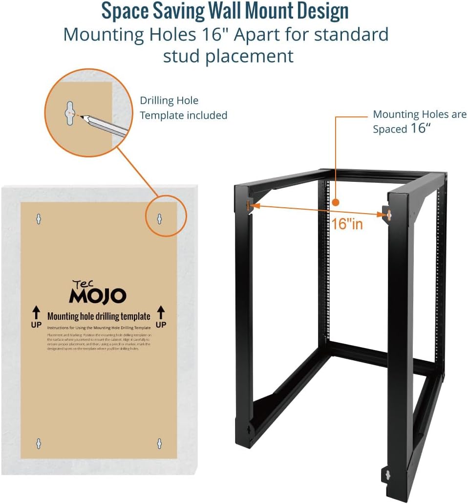 Tecmojo 18U Wall Mount Server Rack, Open Frame Network Rack for 19' Computer/AV/Data/IT/Media Equipment, 24' Depth, 16' Apart Mounting Holes, Swing Gate, Square and Tapped Holes