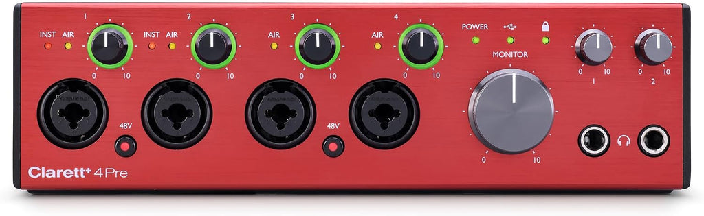 Focusrite Clarett Plus 4Pre 18-In and 8-Out Audio Interface Bundle with Headphones, 25-Feet XLR Microphone Cable (4-Pack), and TRS Cable (2-Pack) (8 Items)