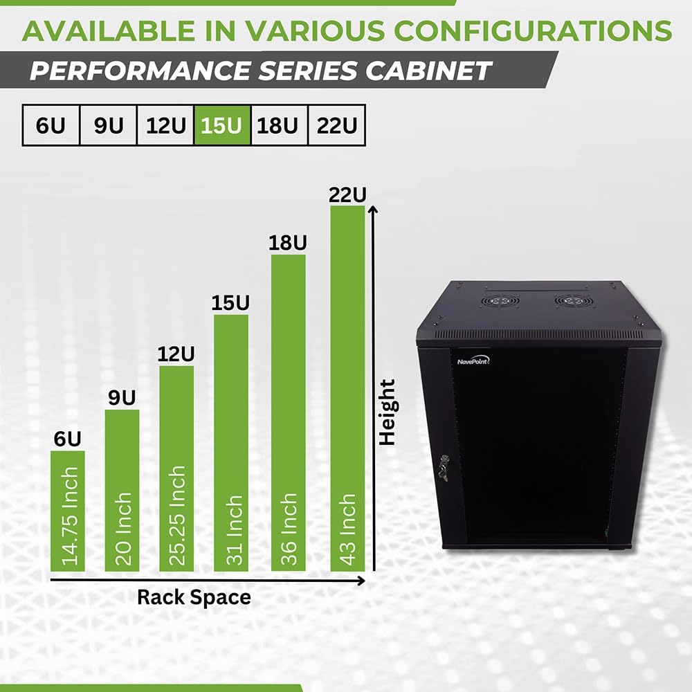 NavePoint 15U Server Cabinet Wall Mount Rack Enclosure with Caster Wheels, Includes 2 Fans, Locking Glass Door, Removable Side Panels – 15U Network Cabinet 17.7' Deep, 19'Server Rack for IT Equipment