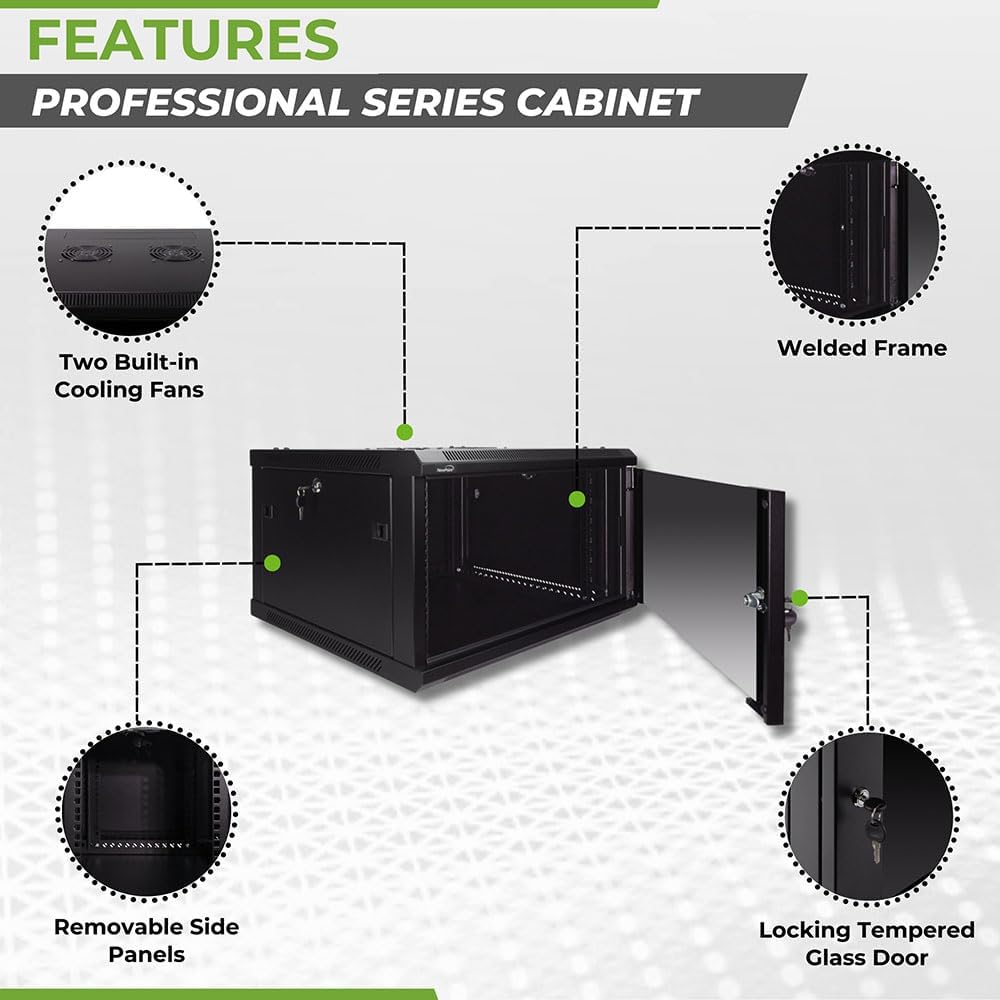 Navepoint 6U Deluxe IT Wallmount Cabinet Enclosure 19-Inch Server Network Rack with Locking Glass Door 24-Inches Deep Black