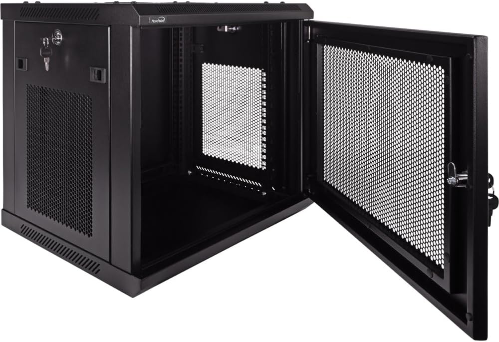 NavePoint 9U Server Rack Enclosure - 17.7' Deep, Wall Mount Network Cabinet with Locking Perforated Door, 19' IT Equipment Compatible, Removable Side Panels, Black