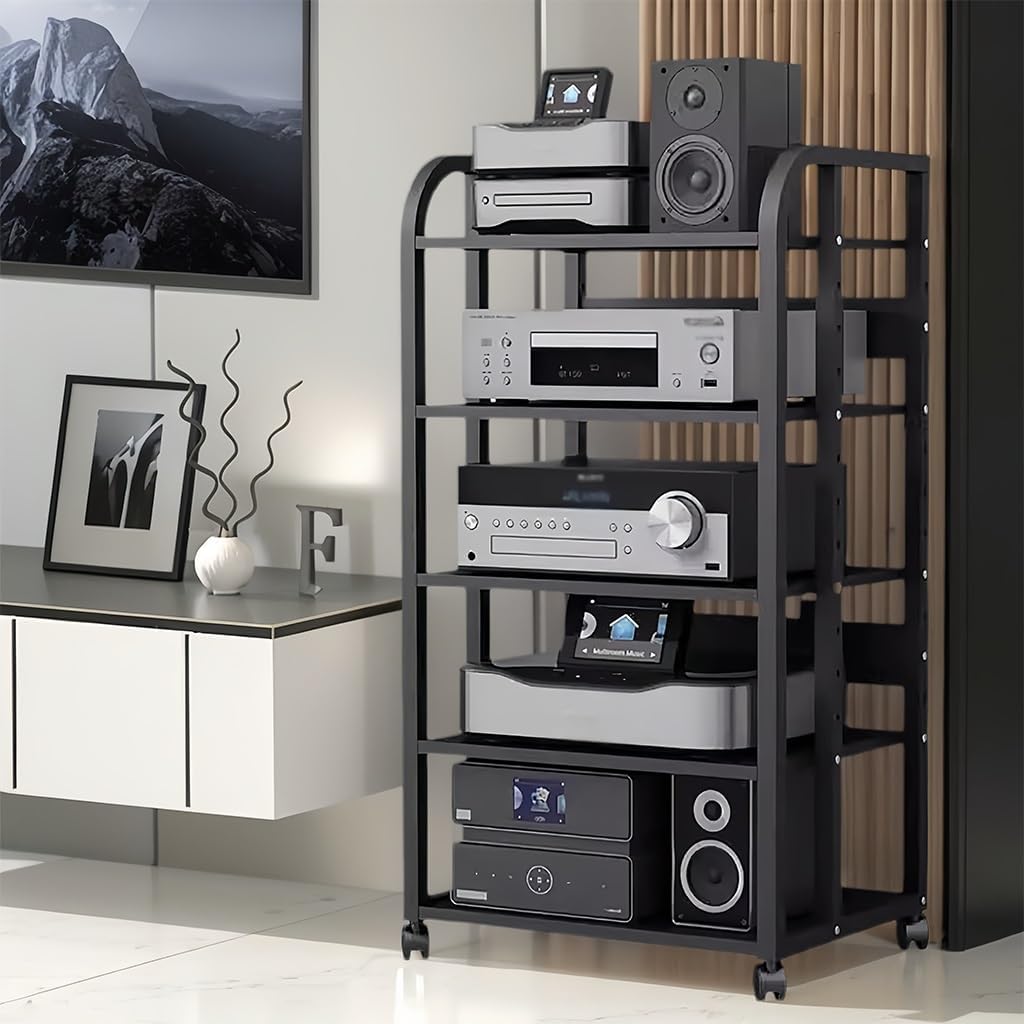5-Tier Av Media Stand with Wheels, Audio Tower Rack with Adjustable Shelves, Stereo Racks and Stands with Storage Shelves, Media Console for Home, Office, Theater, Black