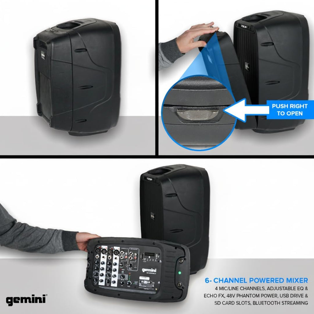 Gemini Portable PA System Bundle with Stands – 6-Channel Powered Mixer, Dual 10' Speakers, Wired Mic & Cables – Bluetooth Music Streaming for DJs, Karaoke & Small Events (ES-210MXBLU-ST)