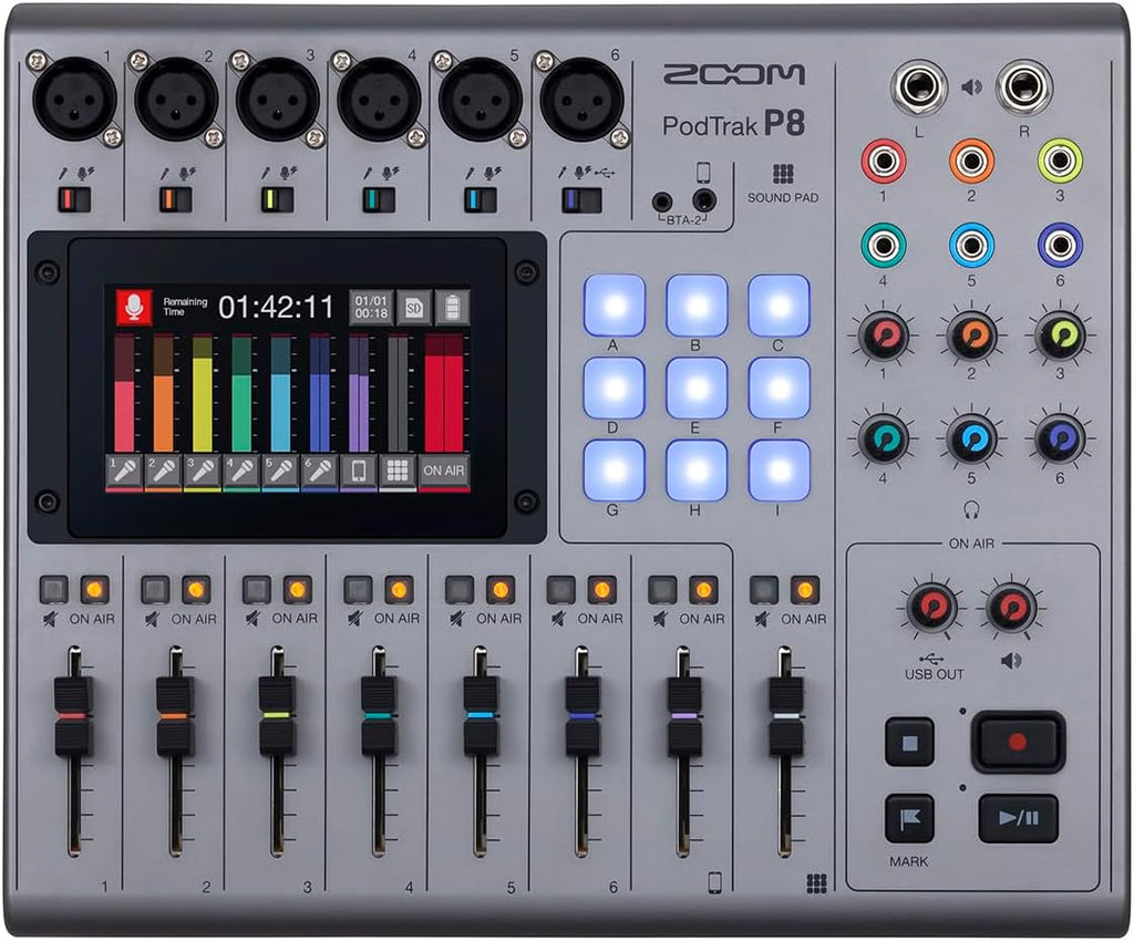 Zoom PodTrak P8 Podcast Recorder with 6 XLR Inputs, 6 Headphone Outputs, Phone Input, Sound Pads, Onboard Editing, USB Audio Interface, Battery Powered
