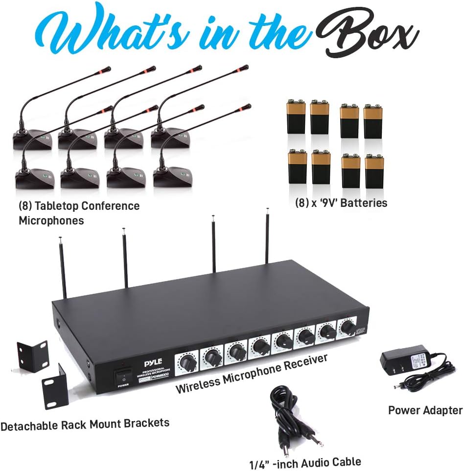 Pyle 8 Channel Wireless Microphone System - Portable VHF Cordless Audio Mic Set with 1/4' and XLR Output, Dual Antenna, - Includes 8 Table Top Mics, Rack Mountable Receiver Base - Pyle PDWM8300,Black