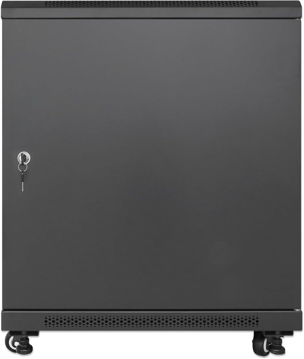 Intellinet 12U Network Server Rack Enclosure Cabinet with Integrated Fans – IP20 Rated, Reversible Tempered-Glass Front Door, Removable Side Panels – 3 Yr Mfg Warranty