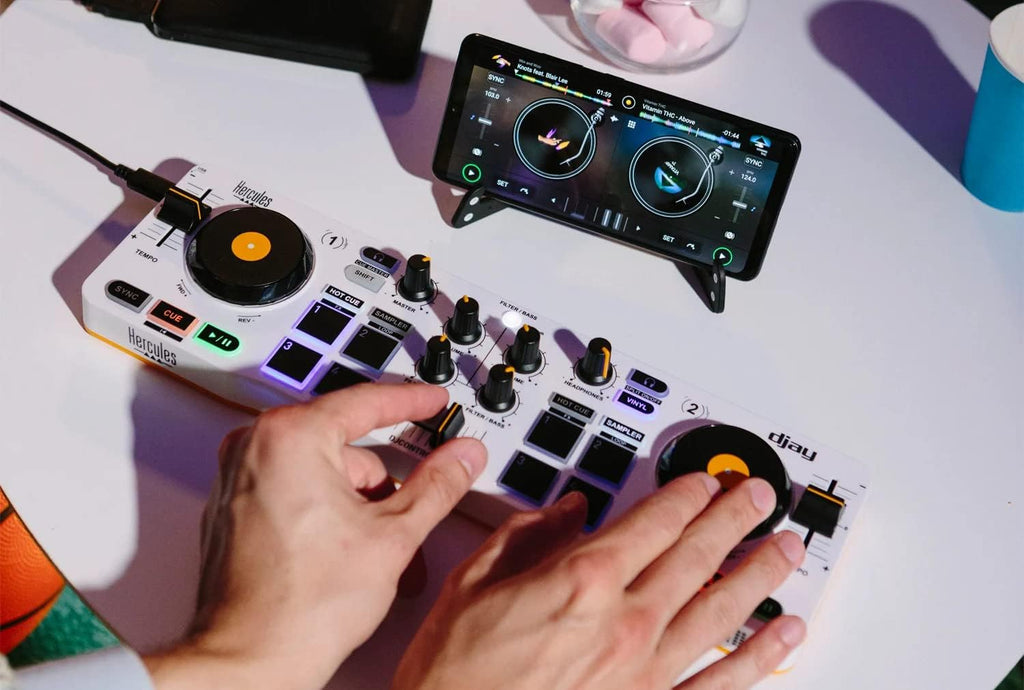 Hercules DJControl Mix – Bluetooth Wireless DJ Controller for Smartphones (iOS and Android) – dJay app – 2 Decks, White