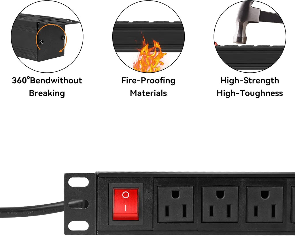 20PCS 12 Outlet Power Strips Surge Protector Rack-Mount PDU, Metal Mountable Power Strip with Switch, Heavy Duty Power Strips for Server Racks, Garage Shop, Industral Commercial (Black 6FT)