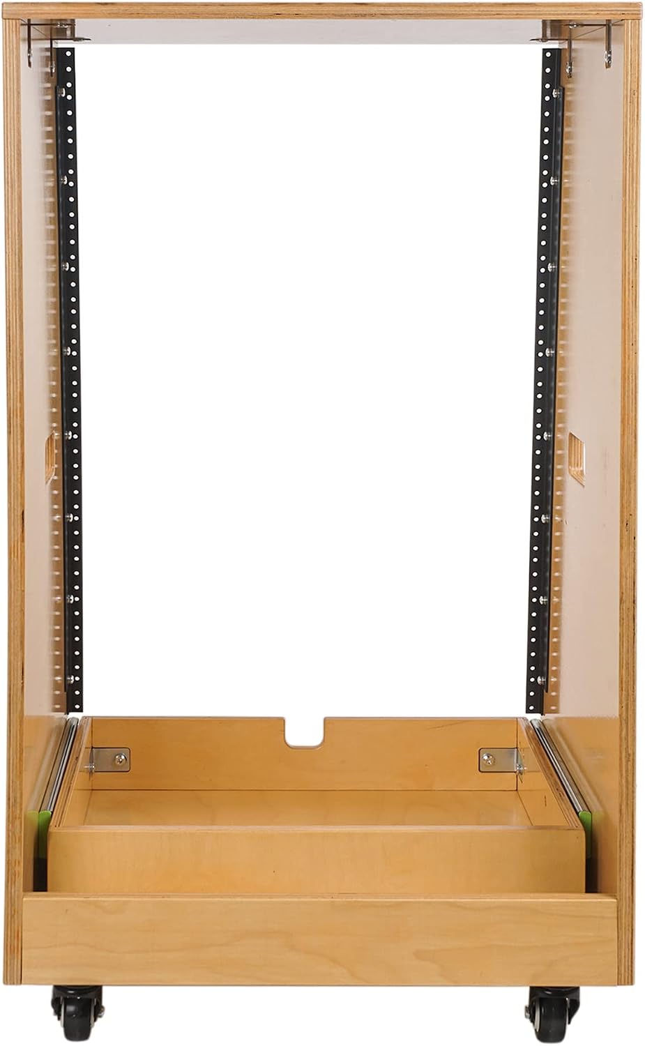 Sound Town 16U DIY Solid Baltic Birch Plywood Slanted Studio Rack with 16U Rack Space, Extra 2U Drawer, Rubber Feet, Casters, Golden Oak (SDRK-16TD2)