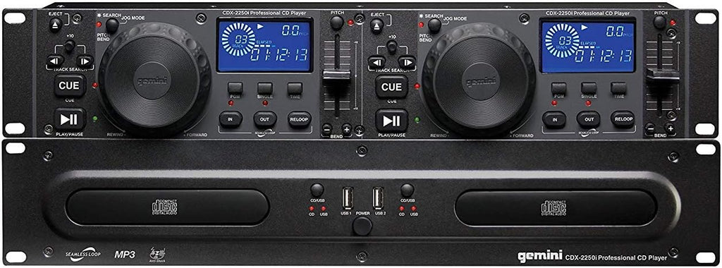 Gemini CDX-2250i Pro DJ Dual Two Deck Rack Mount CD/MP3 Media Player w/ USB Bundle with Rockville RRB40 4U Rack Bag Double-Sided Case with 12' Depth with Shoulder Strap