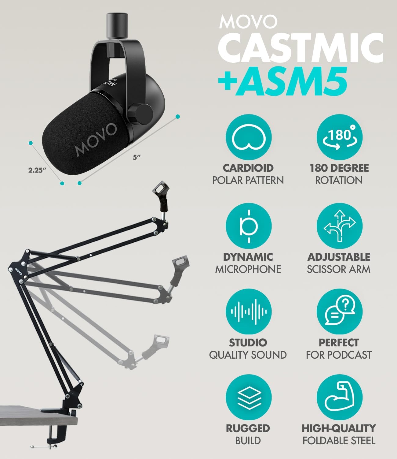 Movo Portable Podcast Equipment Bundle for iPhone/Android Phones- Podcast Kit with Audio Interface, 2 CastMic Dynamic Mics, 2 Boom Arms - for Smartphones, Computers, PC, Mac - Lightning, USB, USB-C