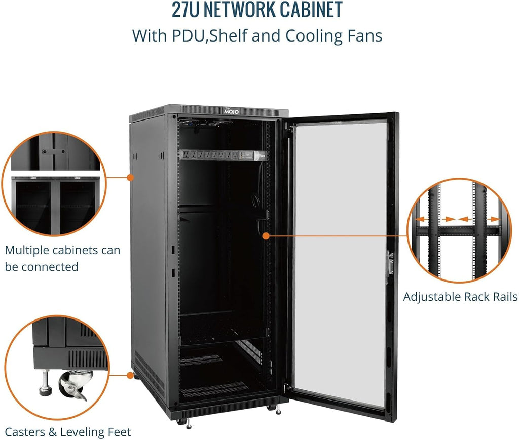 Tecmojo Network Rack Cabinet,27U Server Rack,23.6 Inch Depth,Hold Up to 1800Lbs,Lockable Cabinet with Casters and Complete Accessories,Clear Door,for Home,Office,Small Business (27U 23.6' w*23.6' d)