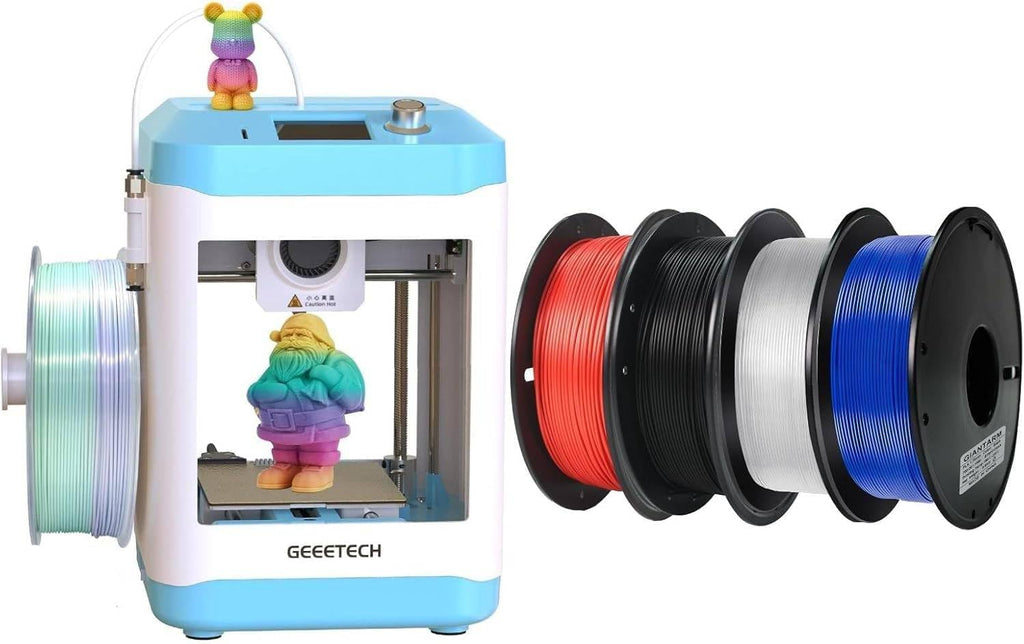 Geeetech 3D Printer Kit with 4 Classic Colors 3D PLA Filament Bundle,Black White Red and Blue PLA Filament,Mini 3D Printer for Kids and Beginners with Auto Leveling,Print Area 3.94×4.33×3.94 in