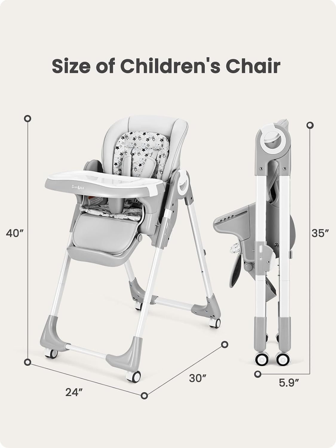 Babilous Foldable High Chair with Soft Cushion, High Chairs for Babies and Toddlers, Height Adjustable Feeding Chair, Adjustable Backrest and Footrest, Lockable Wheels, Star Gray
