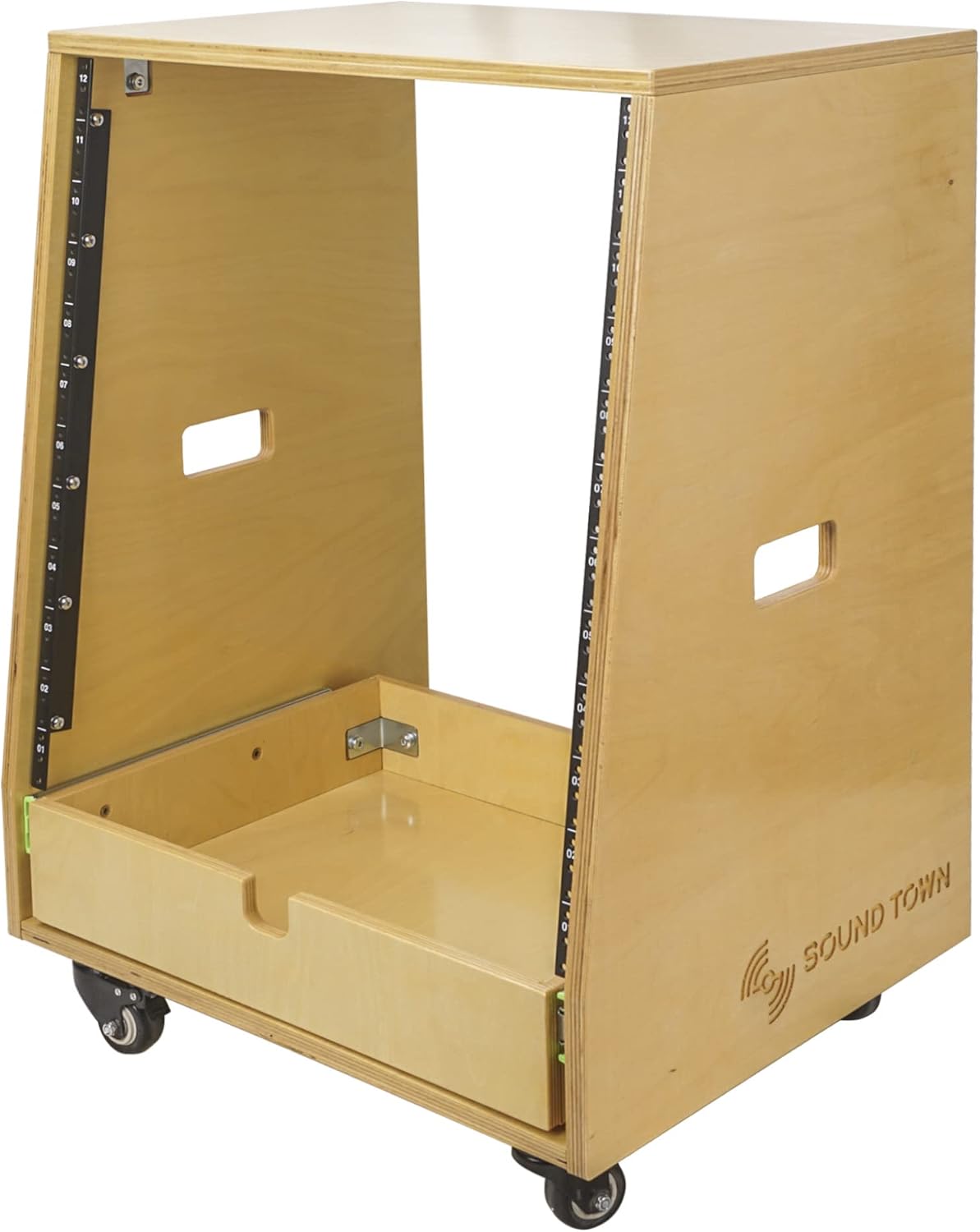 Sound Town 12U DIY Solid Baltic Birch Plywood Slanted Studio Rack with 12U Rack Space, Extra 2U Drawer, Rubber Feet, Casters, Golden Oak (SDRK-12TD2)