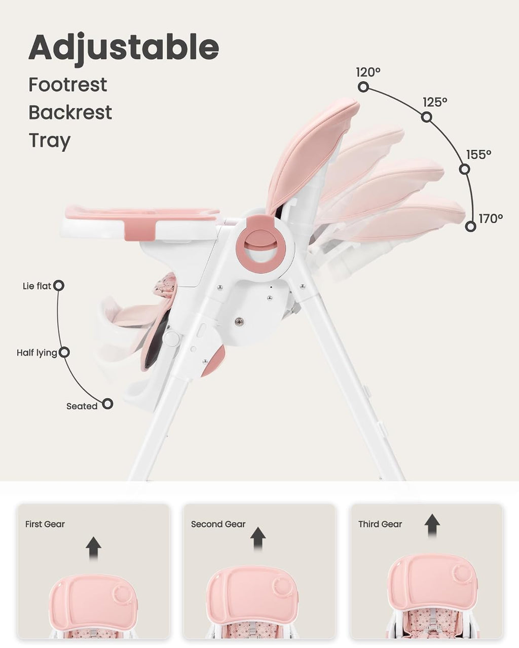 Babilous Foldable High Chair with Soft Cushion, High Chairs for Babies and Toddlers, Height Adjustable Feeding Chair, Adjustable Backrest and Footrest, Lockable Wheels, Star Pink