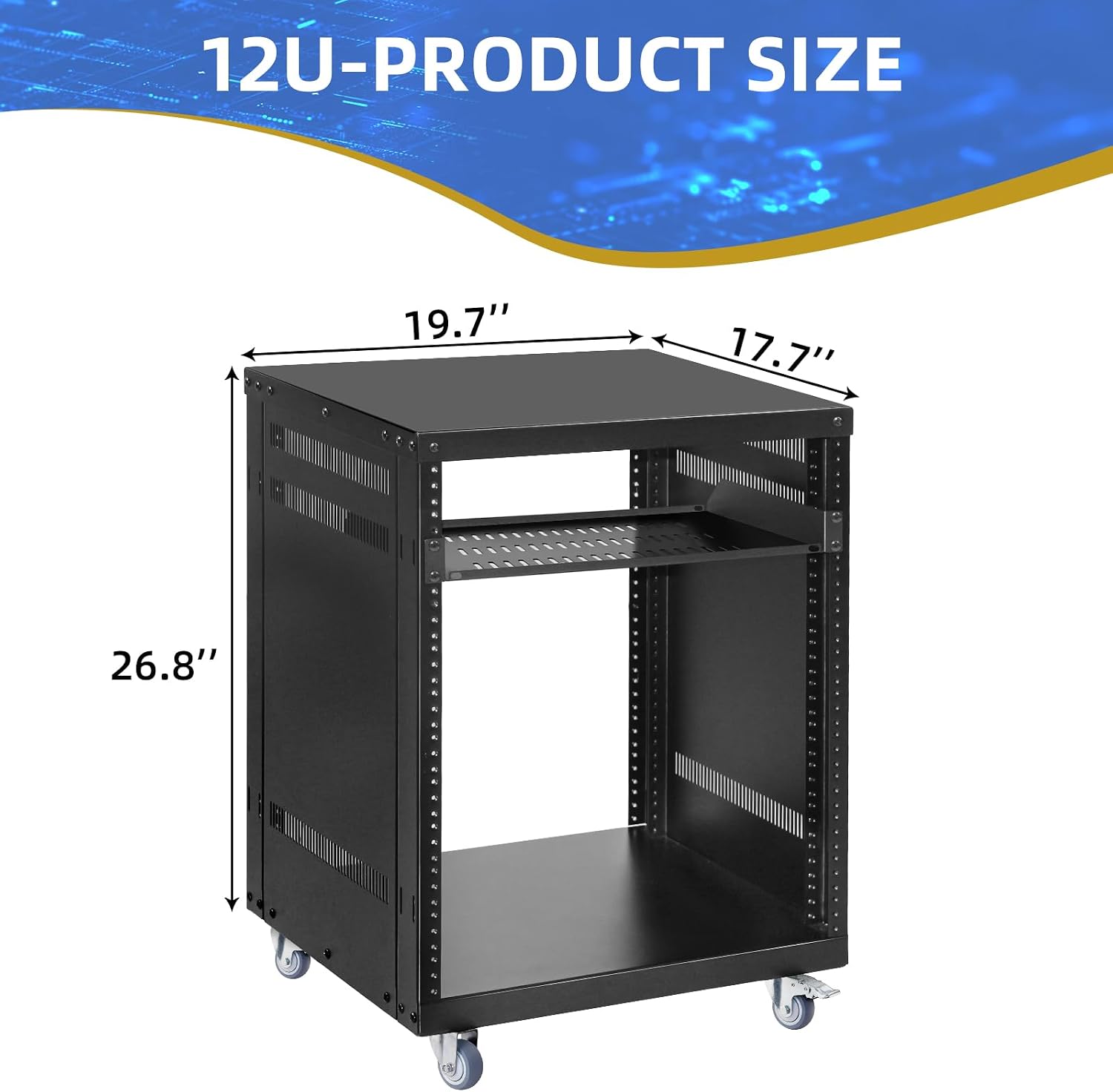 12U Rack with Caster Wheels, Heavy-Duty AV Rack with Adjustable Steel Shelf, Open Frame Server Rack for IT, AV, Data & Computer Equipment, 500lb Capacity, 19.7' W x 17.7' D x 26.8' H