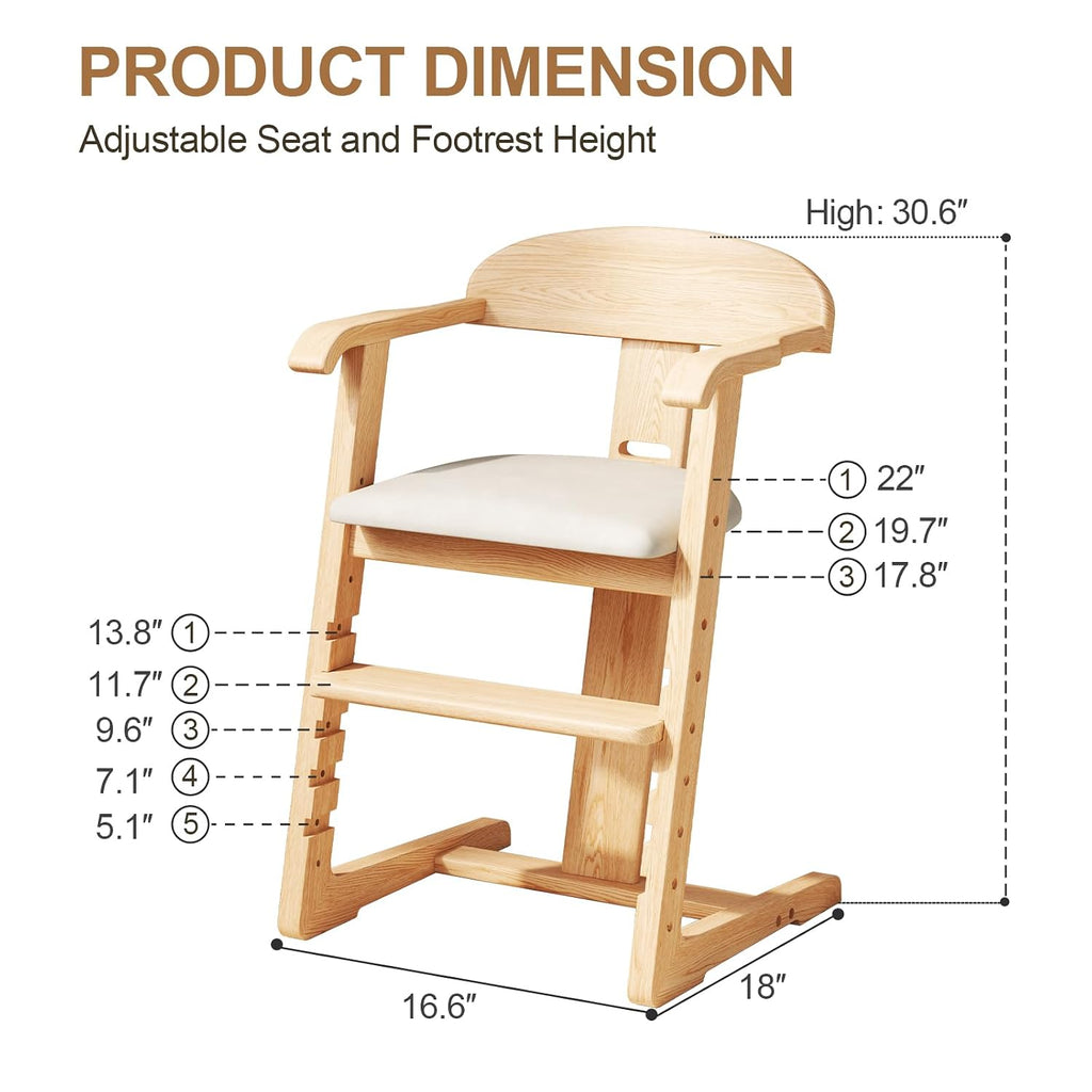DOMGMUWUJEE Solid Wood Toddler Dining Chair - Adjustable Height Easy to Clean Toddler high Chair - Kids high Chair from 3 Years to 200 Lb, Grow with Child (Natural Grey)