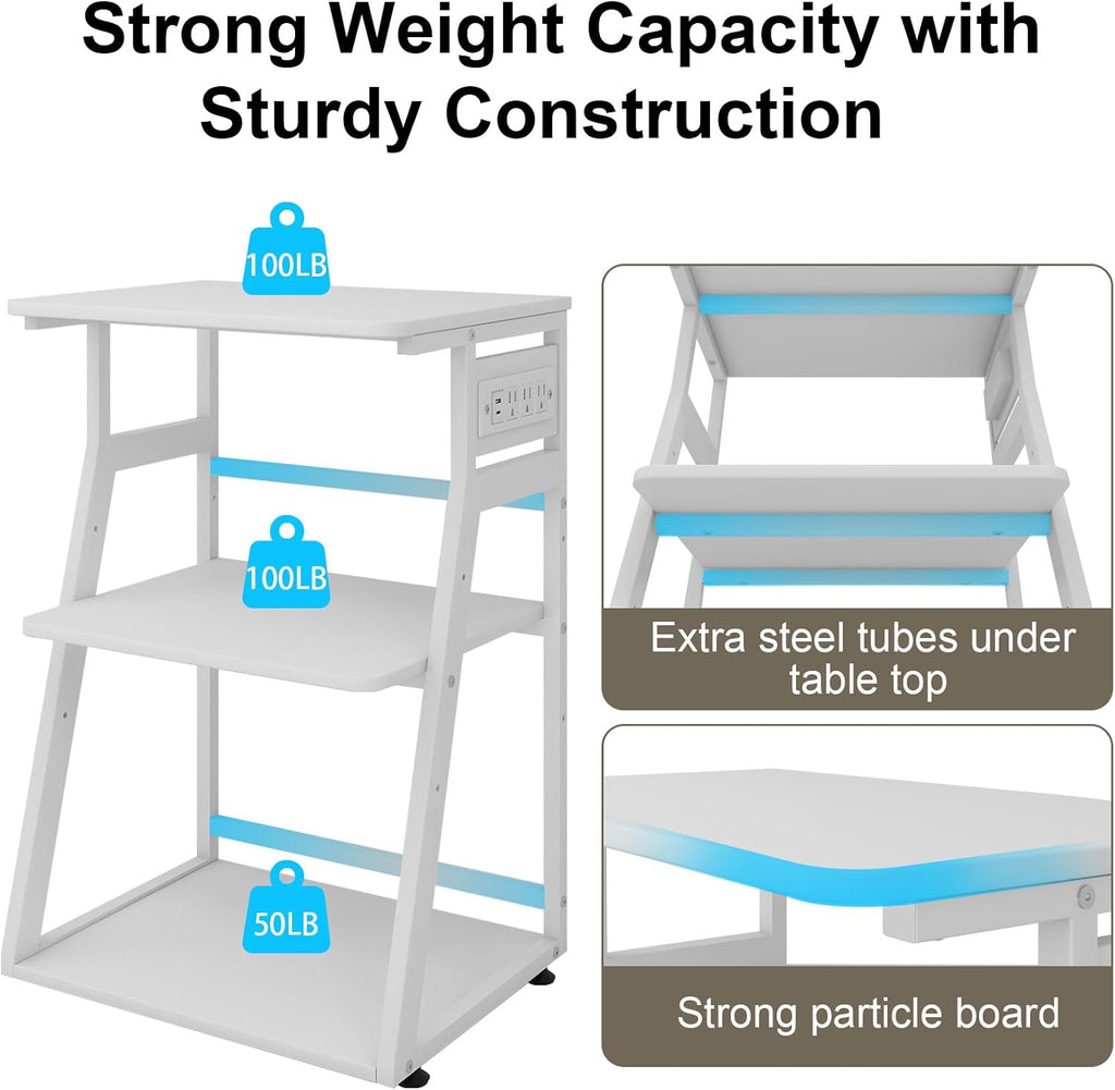 Natwind 23.6'x19.7' Large Printer Stand,3 Tier Printer Table with Charging Station, Rolling Cart with Adjustable Storage Shelf for Home Office Organization, Stand for Heat Press,3D Printer (White)